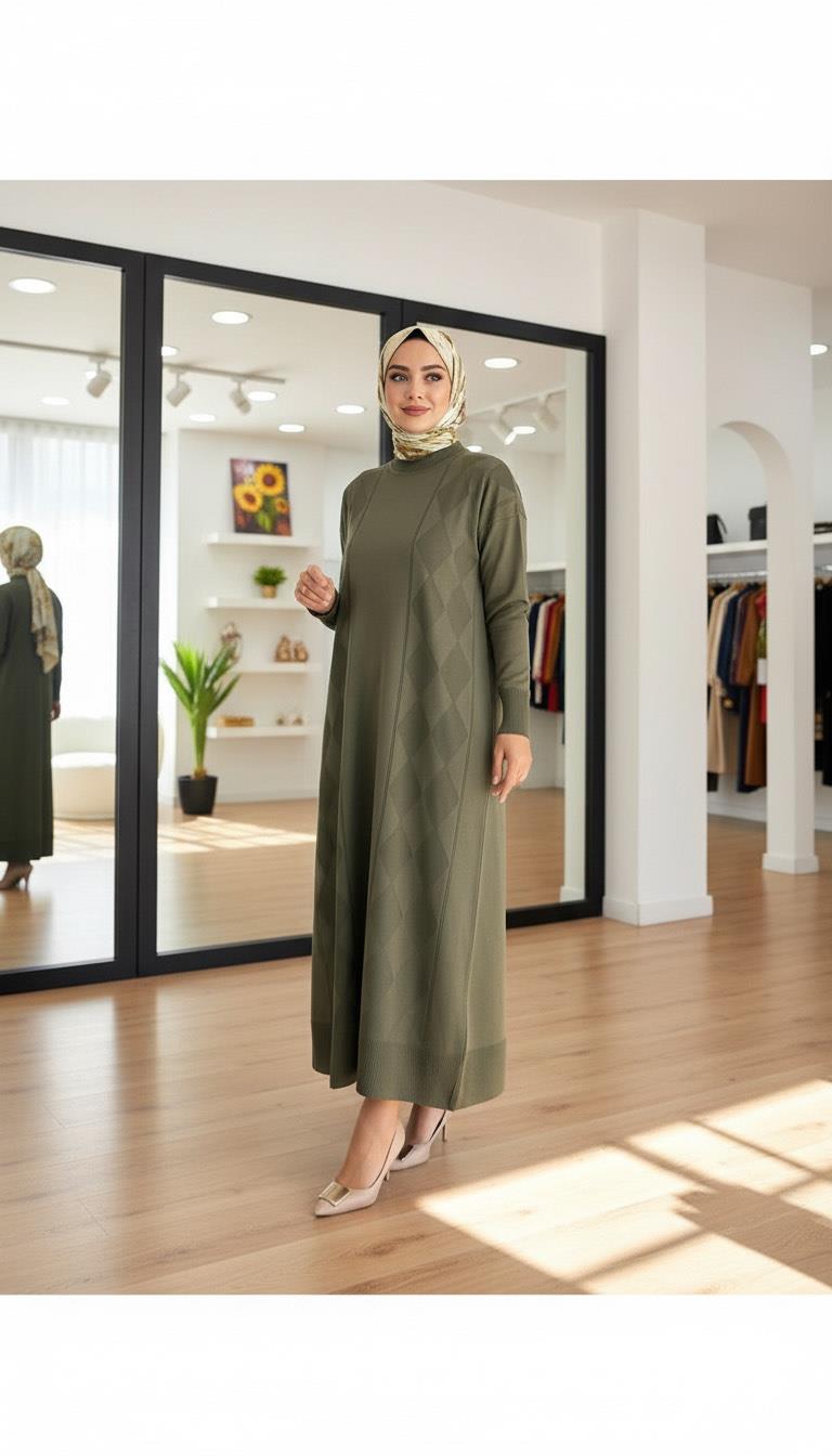 Armine TREND Baklava Desen Triko Elbise Haki 25YTD958