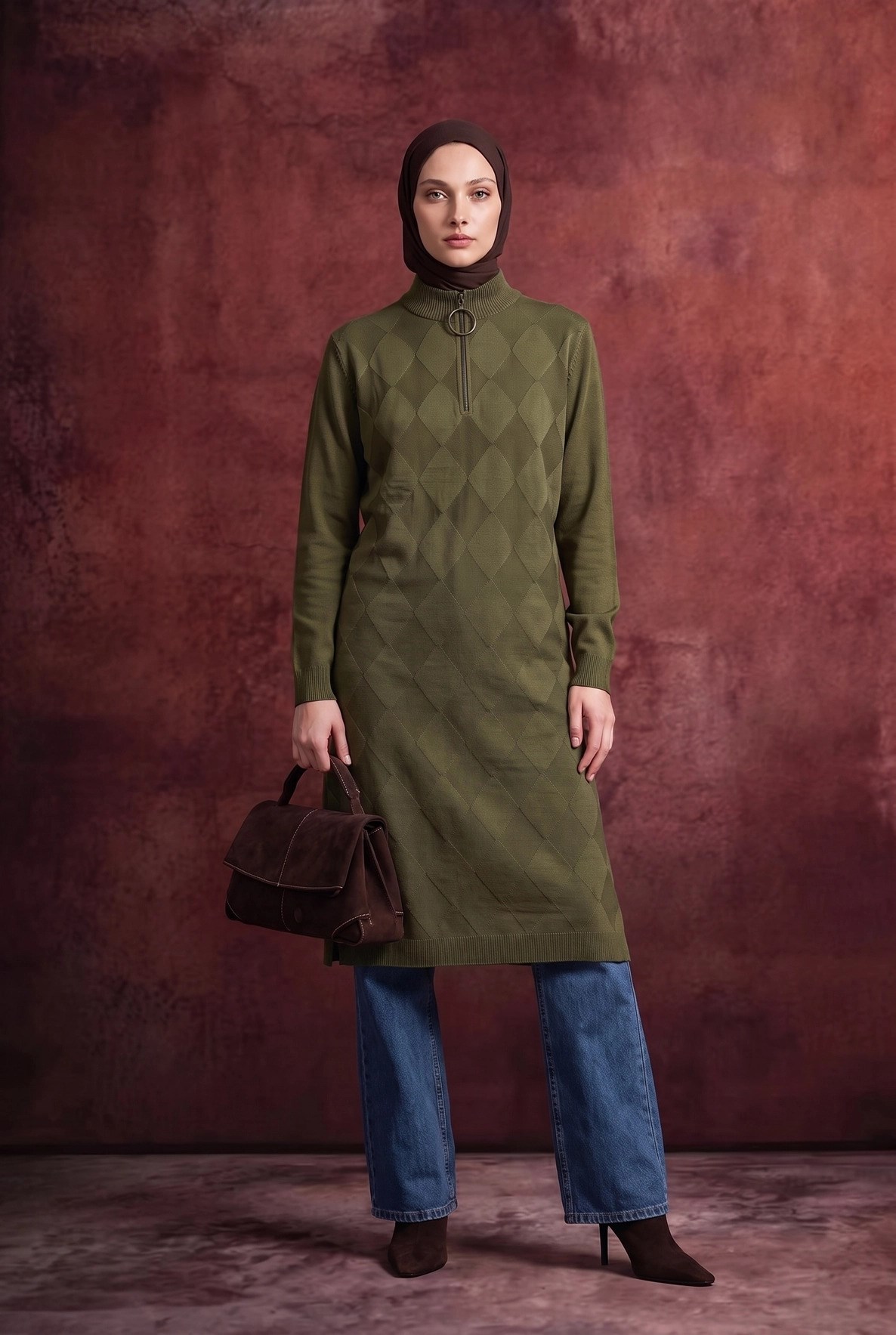 Armine TREND Baklava Desenli Fermuarlı Triko Tunik Haki 25KTD4112