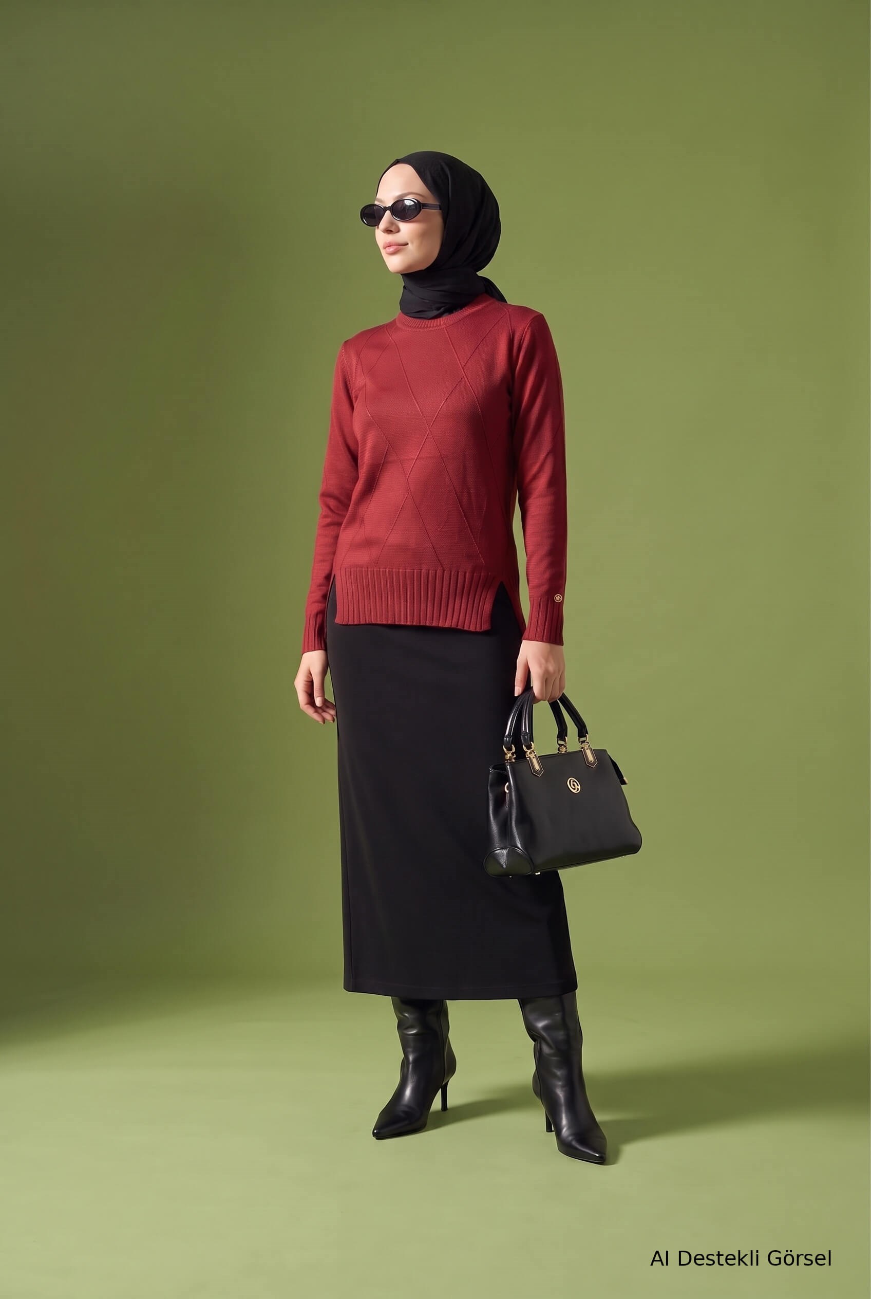 Armine TREND Baklava Desenli Yanı Yırtmaçlı Triko Tunik Bordo 26KTD415