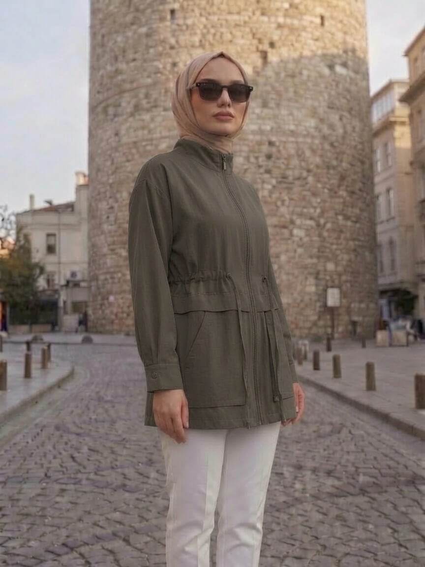 Armine Trend Beli Büzgülü Hakim Yaka Ceket Haki 26ytd553