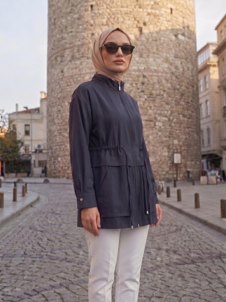 Armine Trend Beli Büzgülü Hakim Yaka Ceket Lacivert 26ytd553
