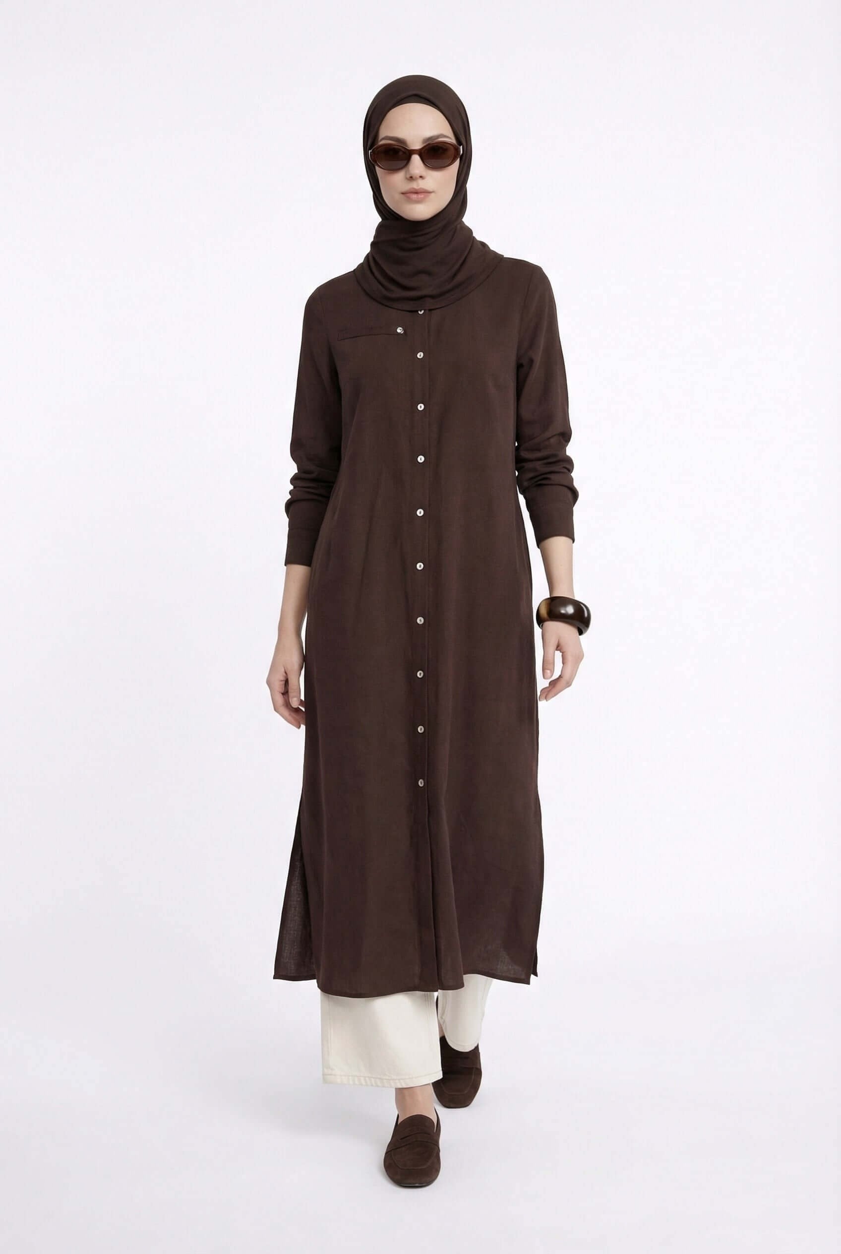 Armine TREND Boydan Düğmeli Cep Detaylı Gömlek Yaka Uzun Tunik Acı Kahve 26YT404