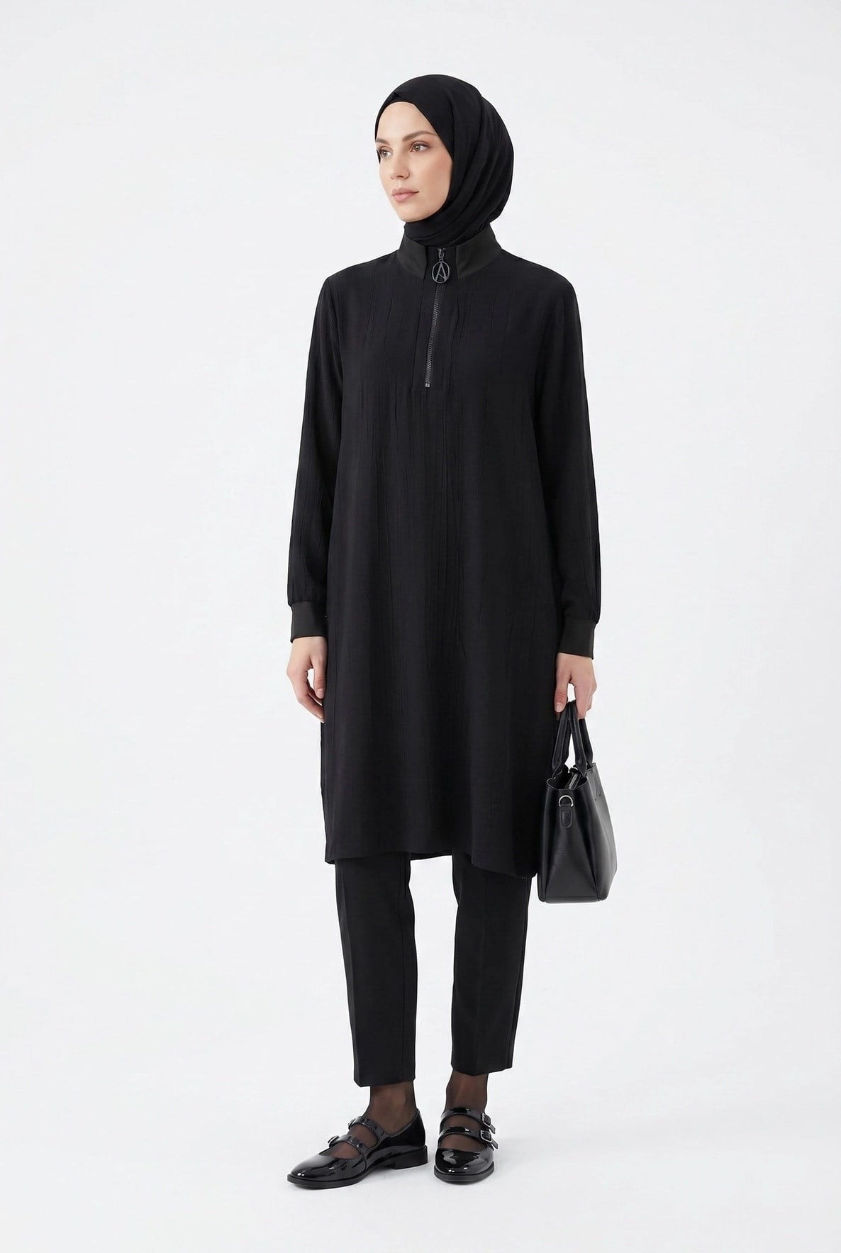 Armine TREND Çilek Kumaş Yarım Fermuarlı Tunik Siyah 26YT462