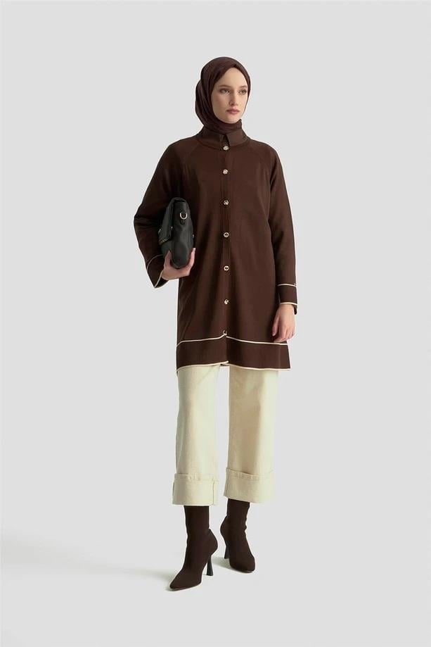 Armine TREND Çizgi Detaylı Triko Hırka Kahverengi 25YTD4123