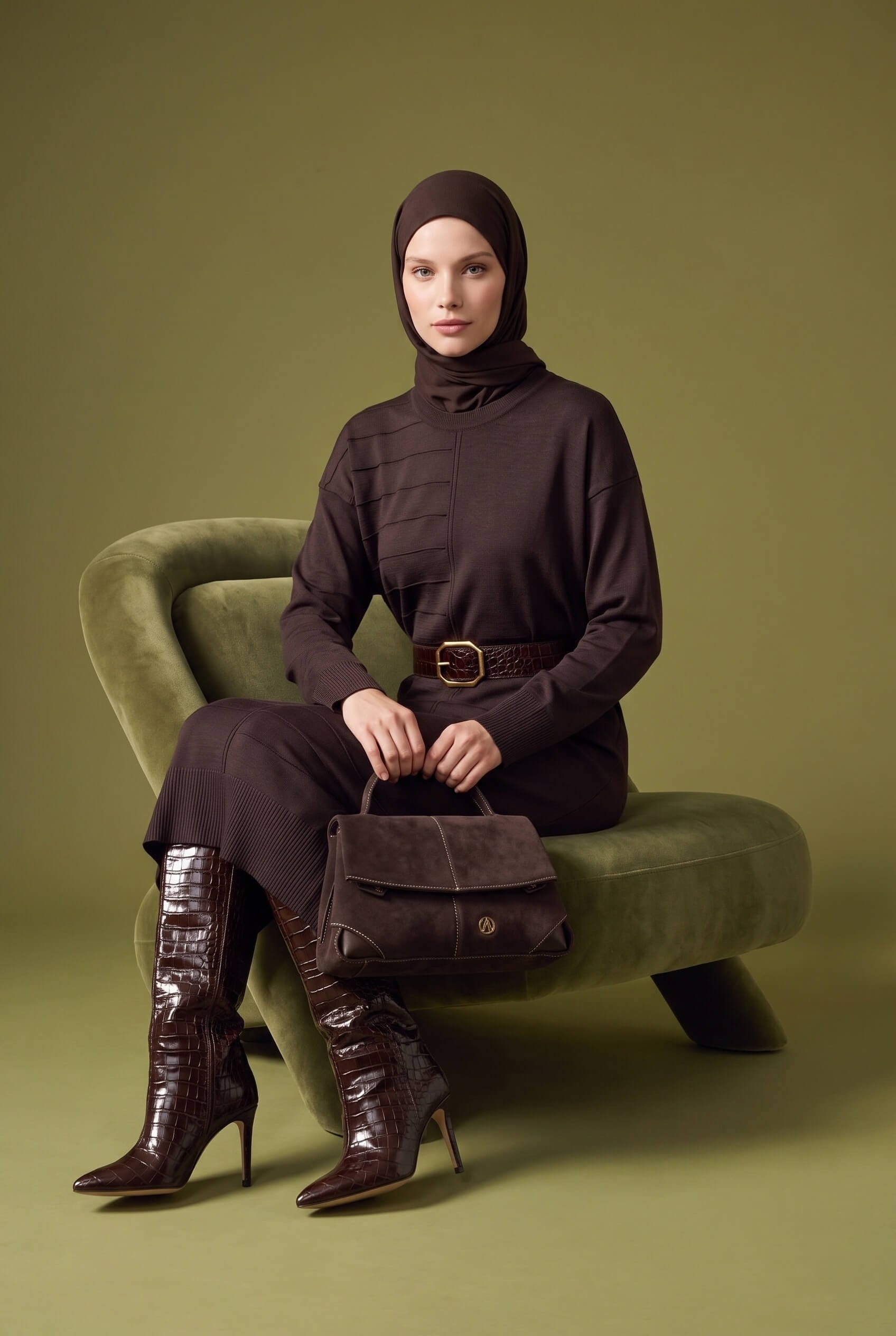 Armine TREND Çizgi ve Jakar Detaylı Triko Elbise Kahverengi 26ktd912