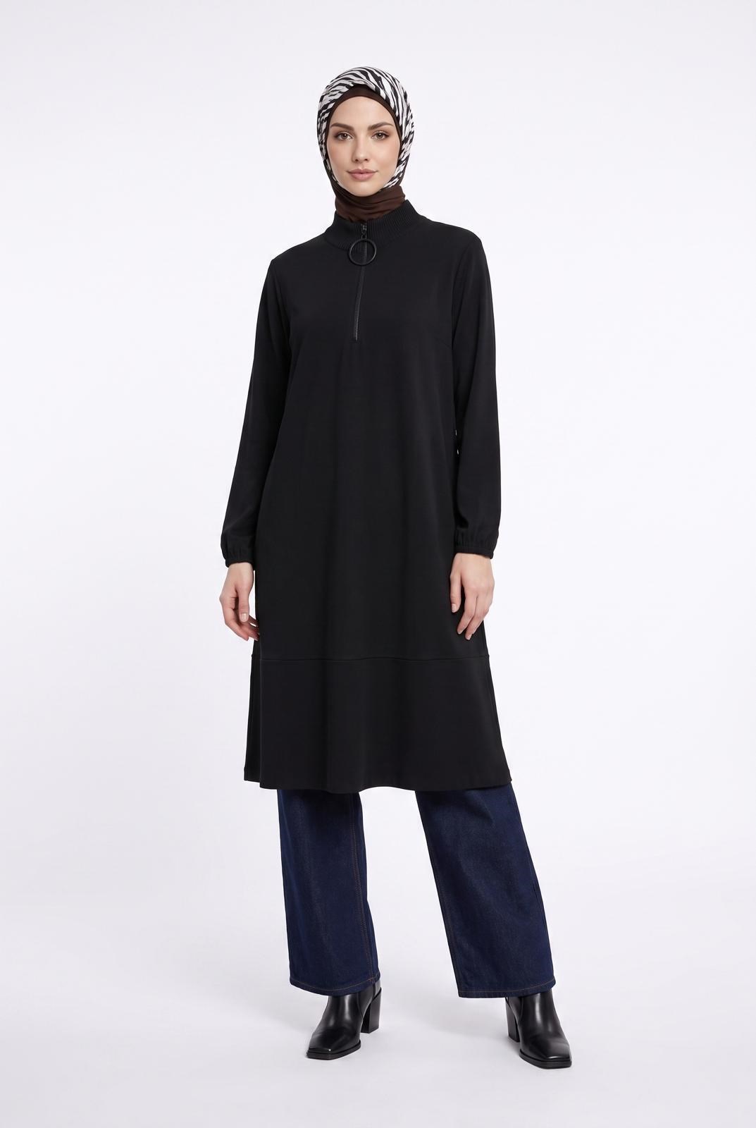 Armine TREND Fermuarlı Düz Uzun Triko Tunik Siyah 26KTD905