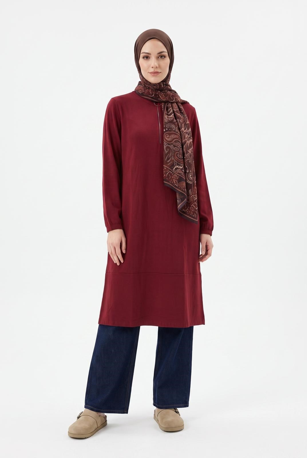 Armine TREND Fermuarlı Düz Uzun Triko Tunik Bordo 26KTD905