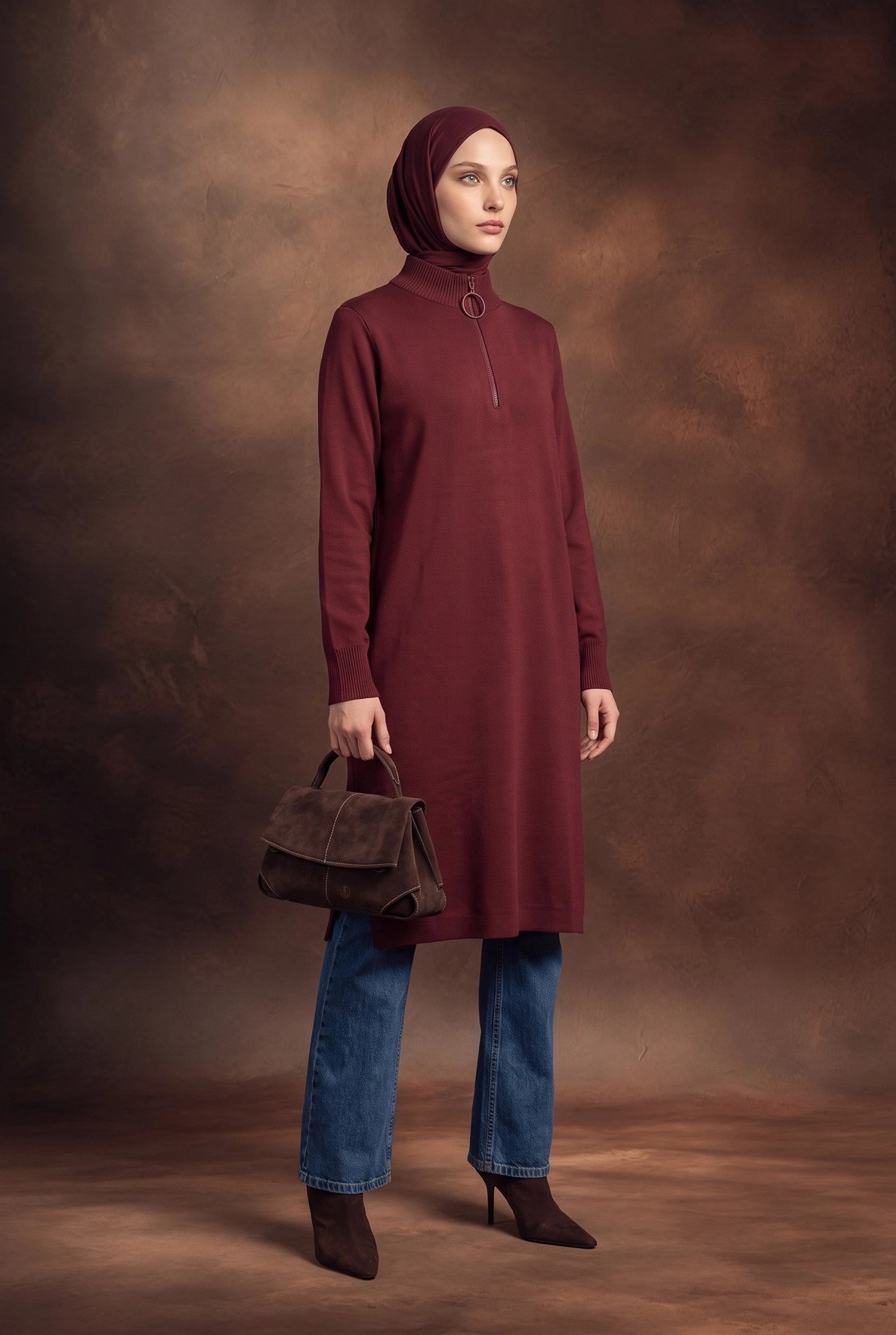 Armine TREND Fermuarlı Düz Uzun Triko Tunik Bordo 25KTD4113