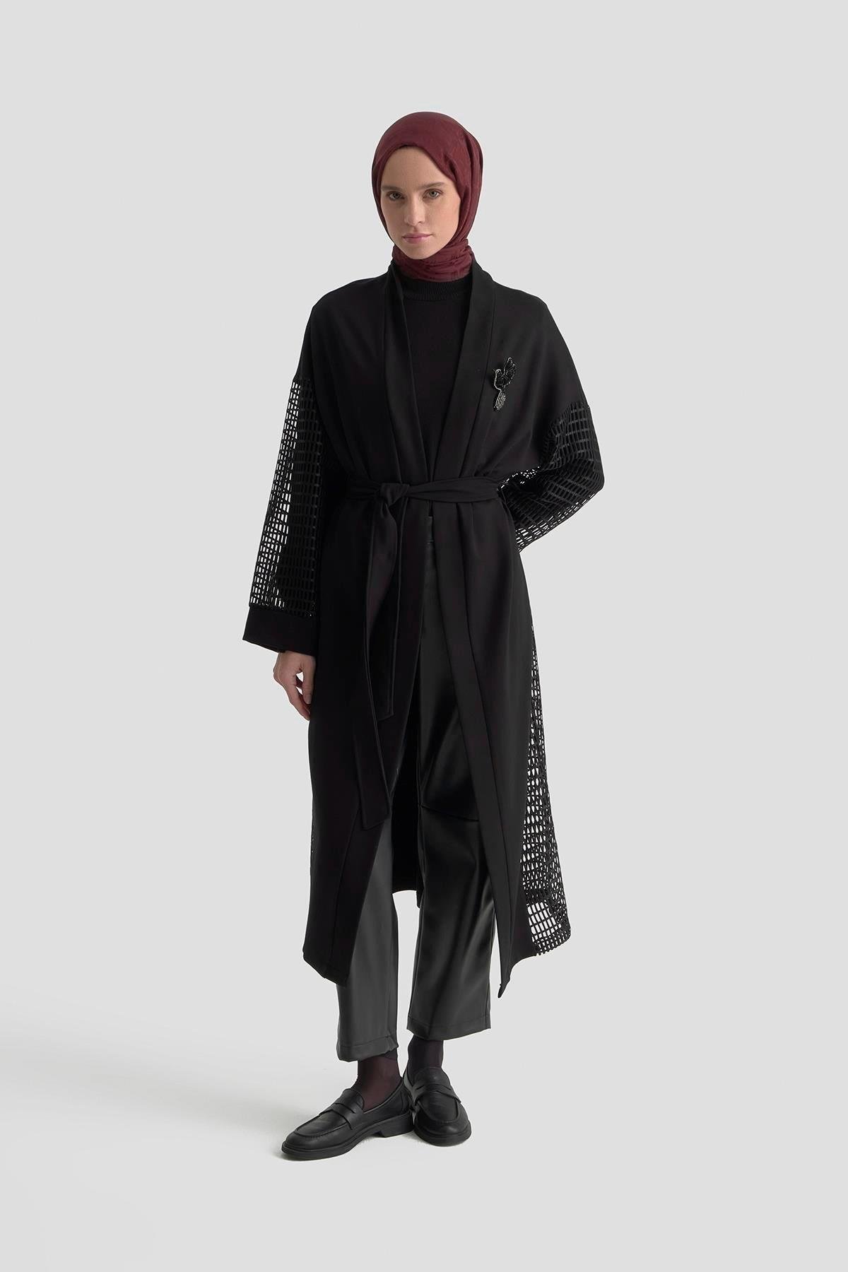 Armine TREND File Detay Uzun Hırka Siyah 25KT561