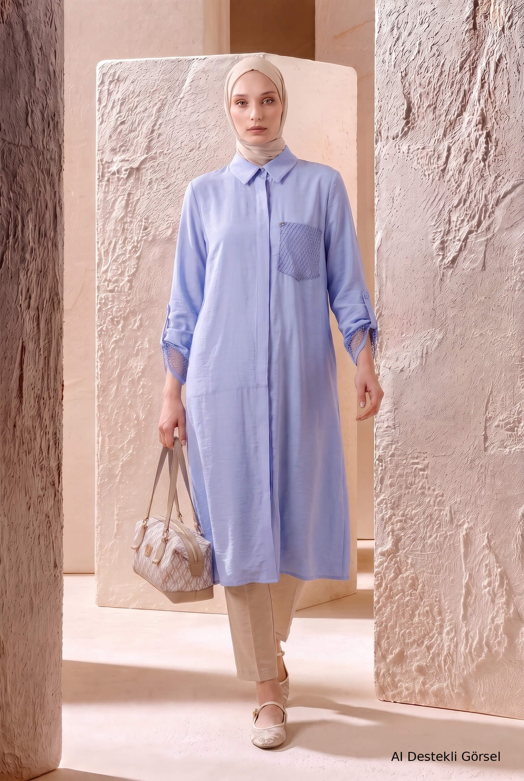 Armine TREND File Detaylı Gizli Düğmeli Tunik Açık Mavi 26YT458