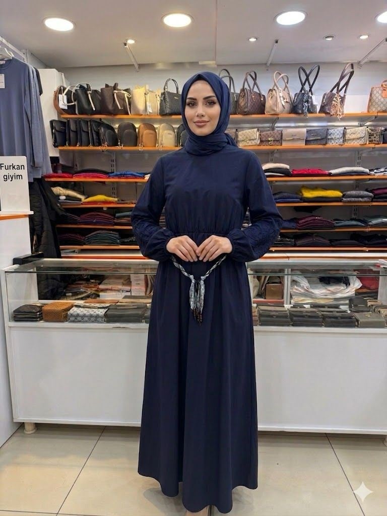 Armine TREND Fular ve Kemerli Kolları Nakışlı Elbise Lacivert 26YT911