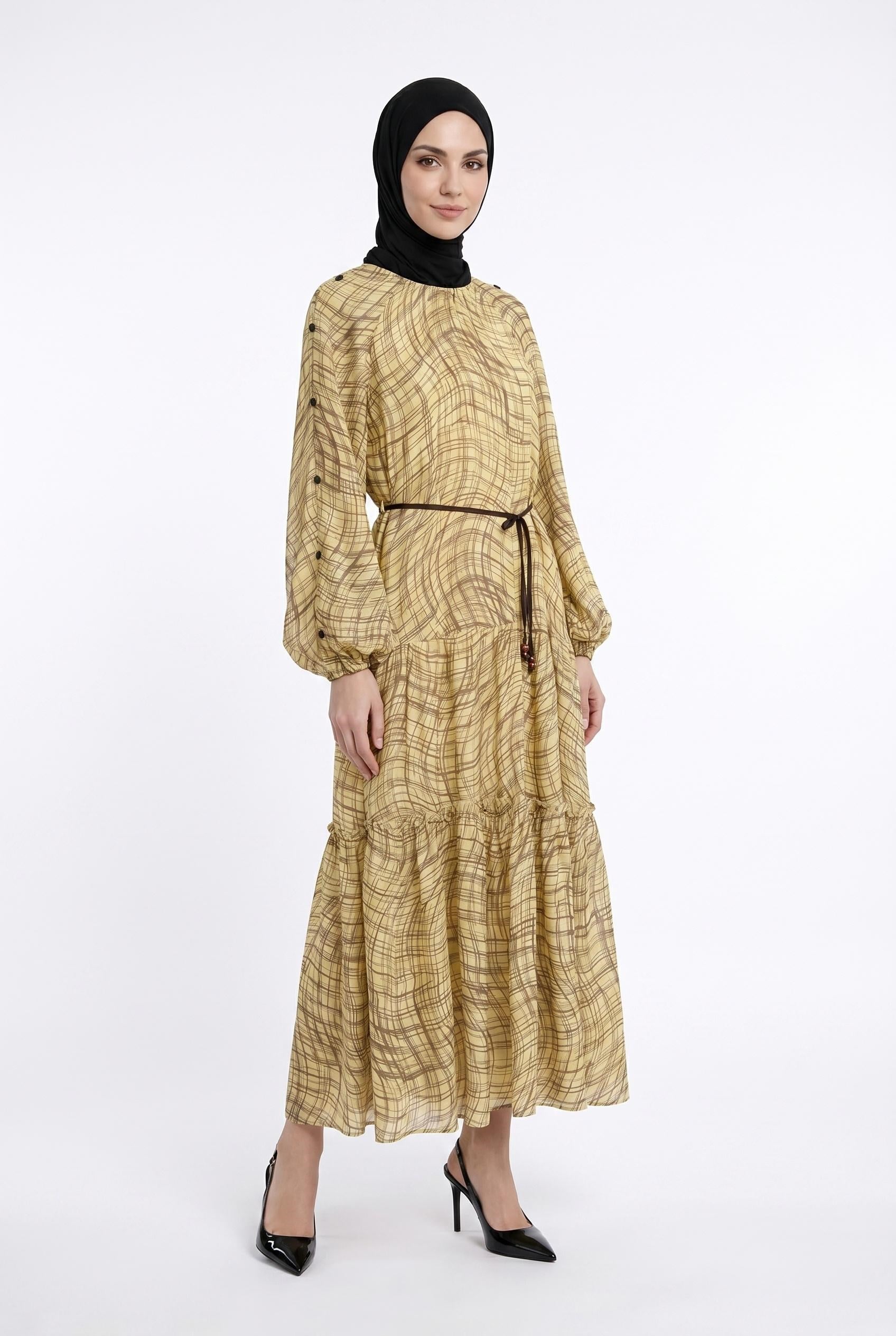 Armine TREND Geometrik Desenli Tesettür Elbise Sarı 26YT932