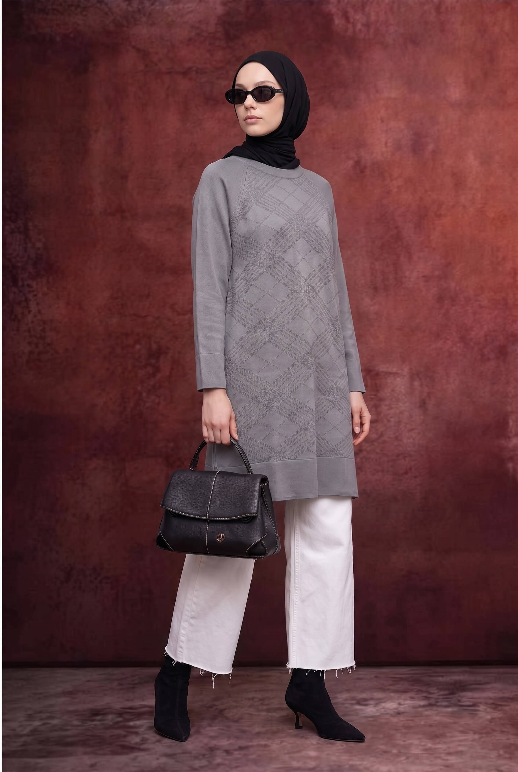 Armine TREND Geometrik Dokuma Desenli Triko Tunik Gri 26KTD411