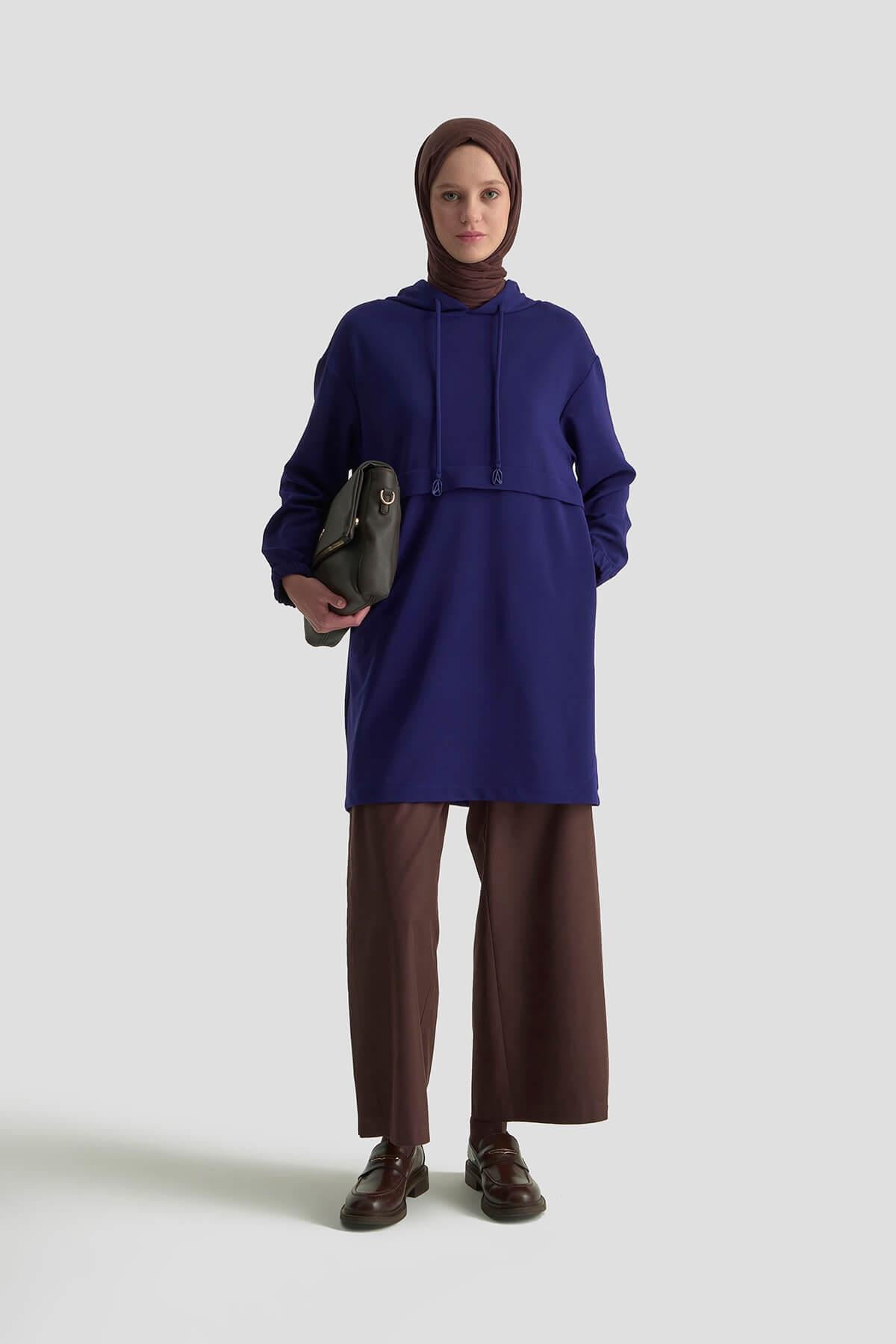 ARMİNE TREND Kapüşonlu Kolları Lastikli Tunik Saks 25KT462