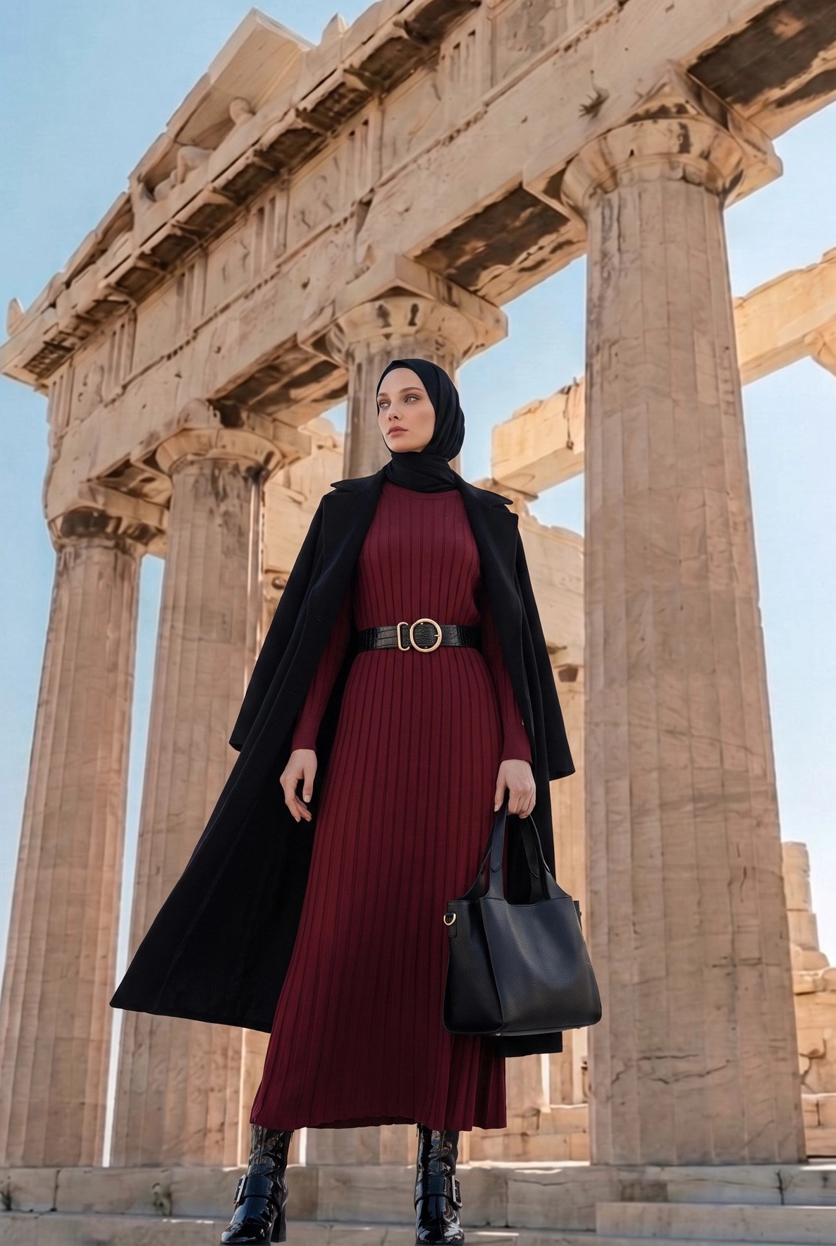 Armine TREND Kendinden Çizgili Triko Elbise Bordo 25KTD901