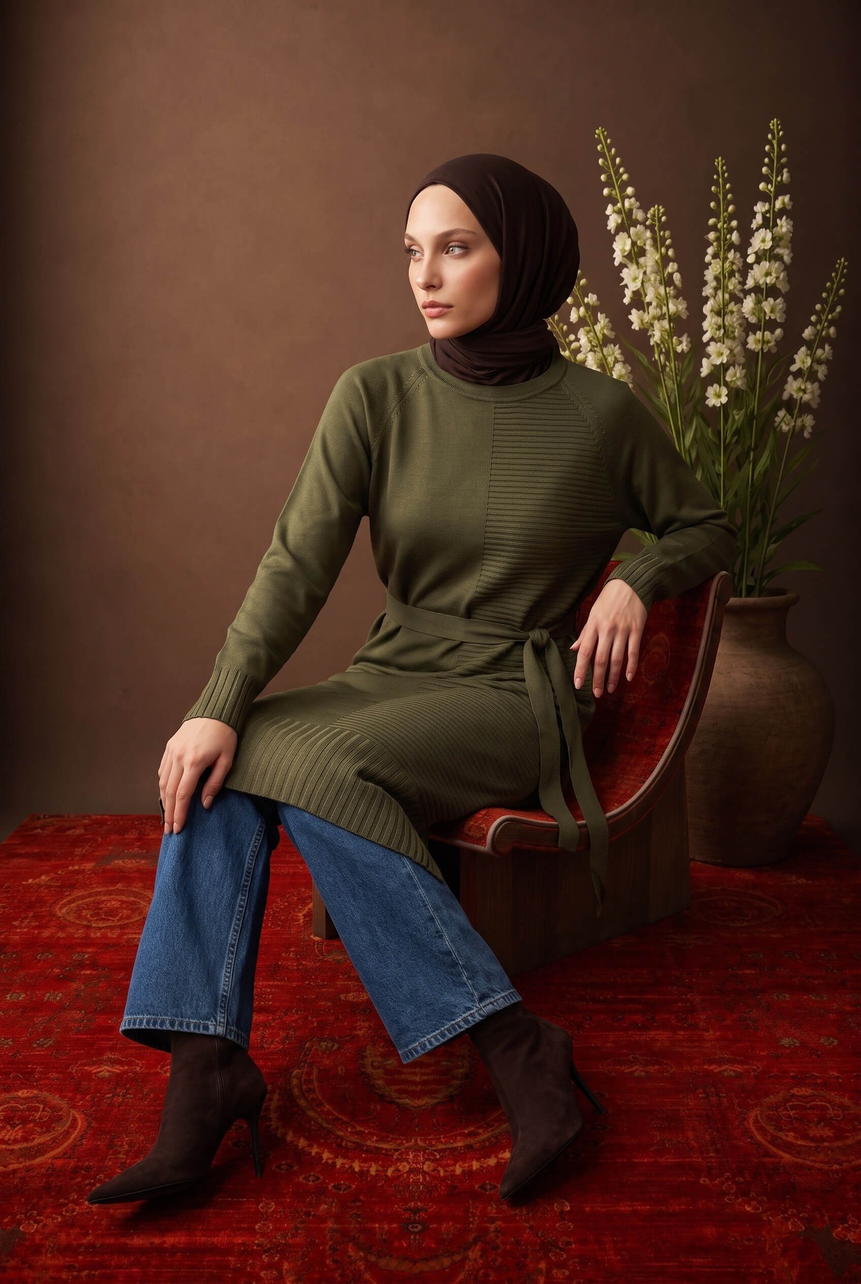 Armine TREND Kuşaklı Çizgili Uzun Triko Tunik Haki 26ktd410