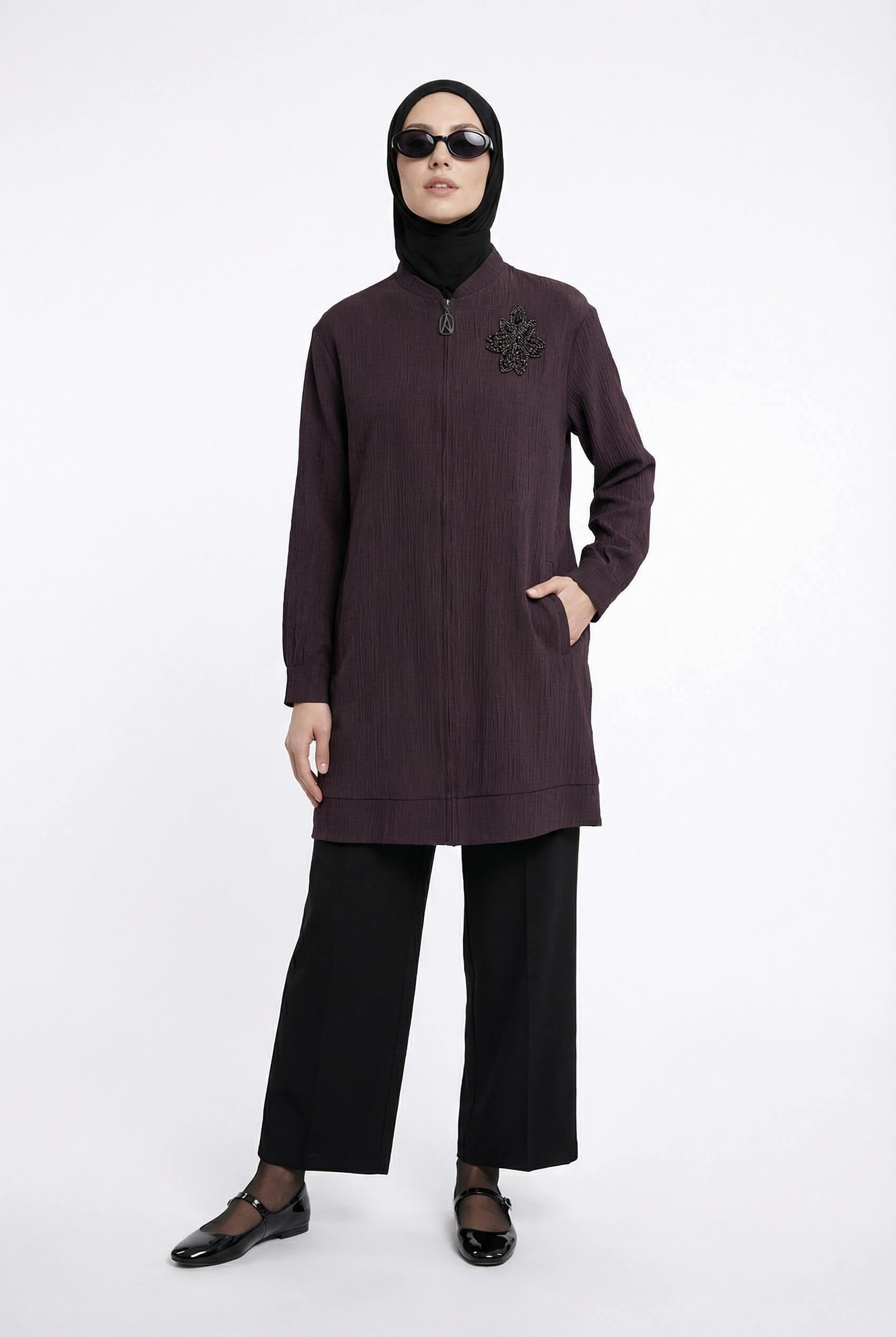 Armine TREND Yaka Boncuk İşlemeli Bomber Ceket - Hırka Vişne 26YT520