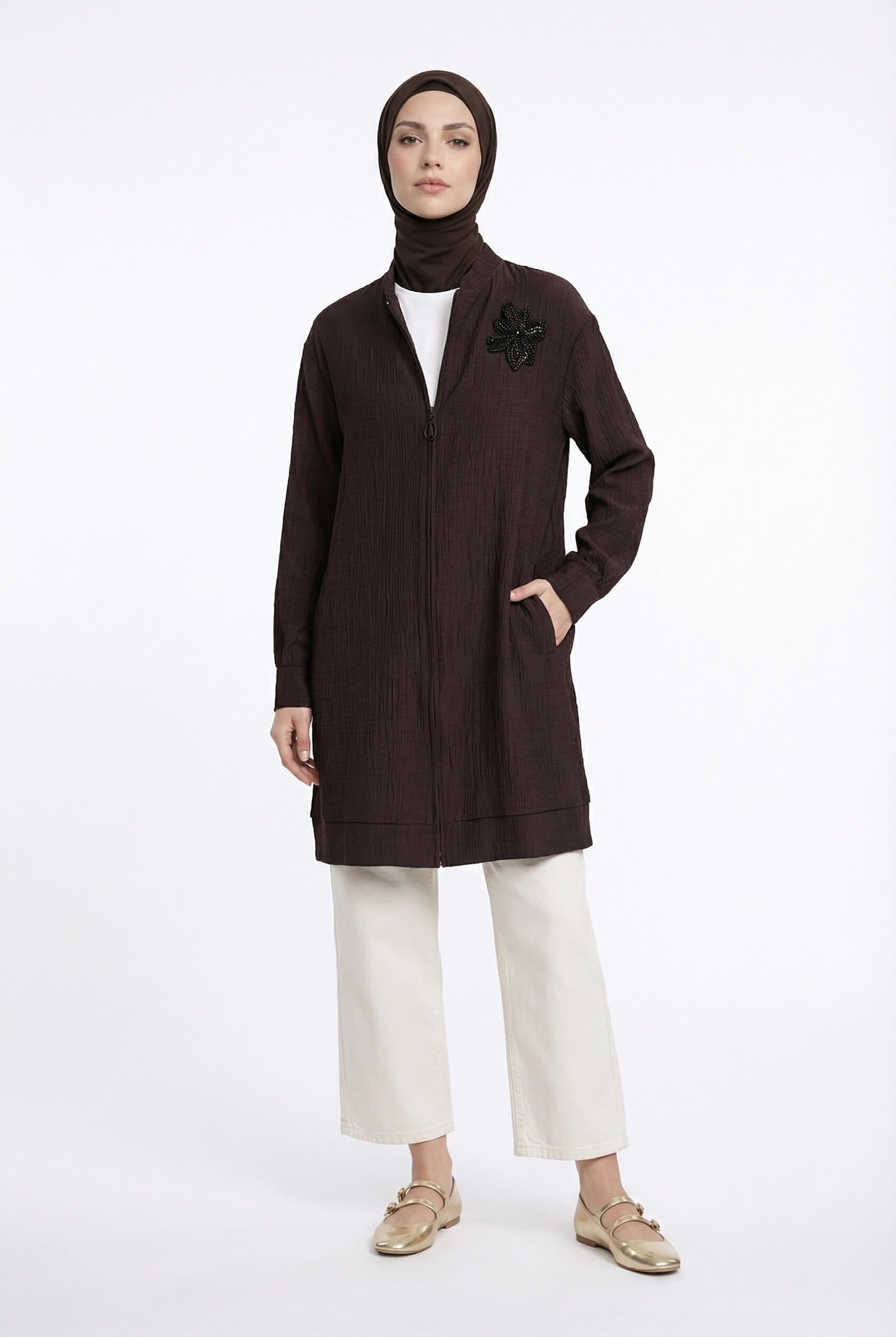 Armine TREND Yaka Boncuk İşlemeli Bomber Ceket - Hırka Kahverengi 26YT520