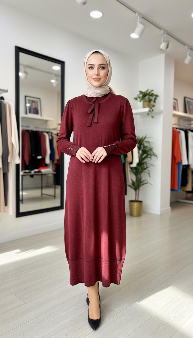 Armine TREND Yakası Bağcık Detaylı Triko Elbise Bordo 25YTD955