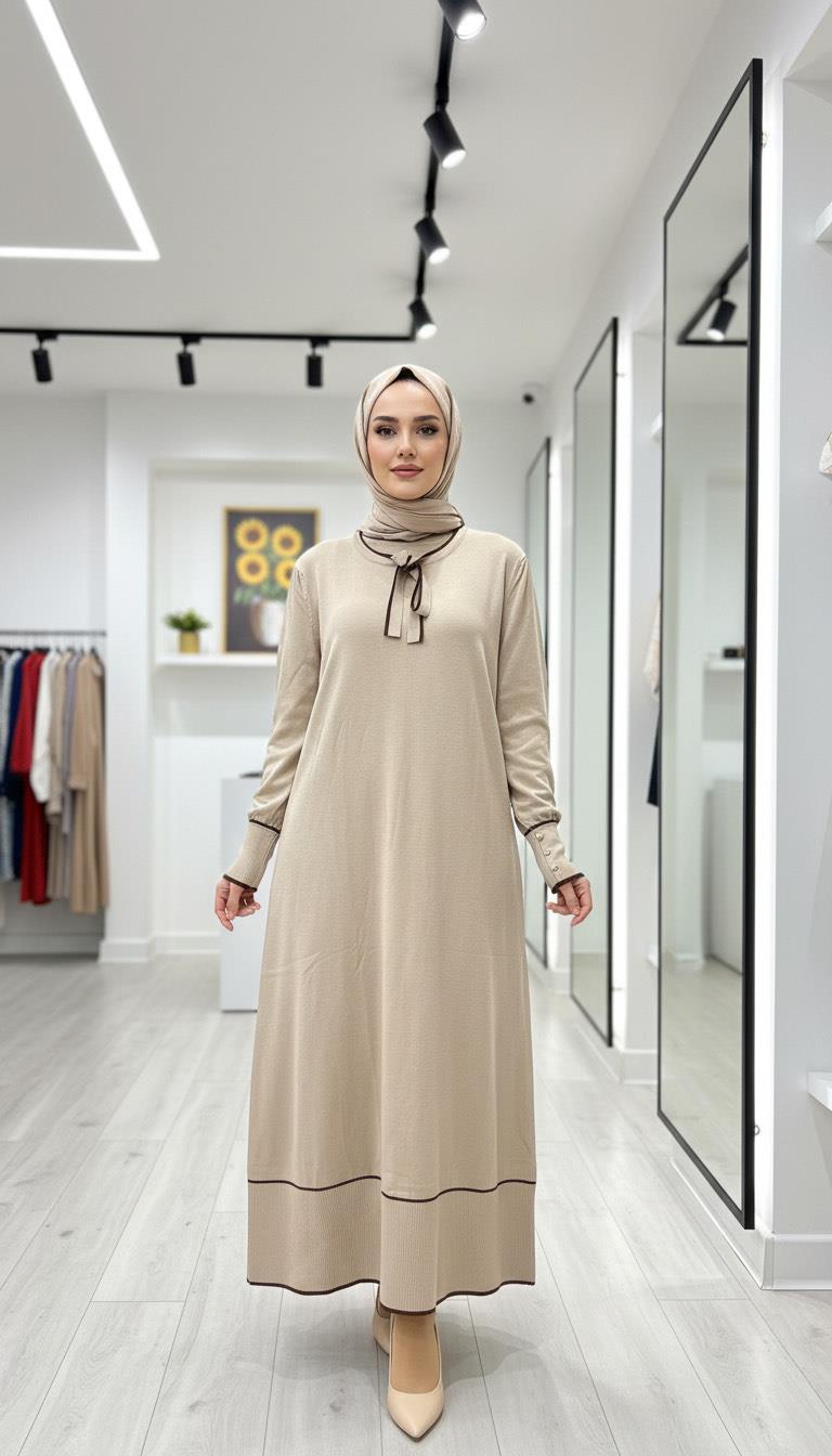 Armine TREND Yakası Bağcık Detaylı Triko Elbise Koyu Taş 25YTD955