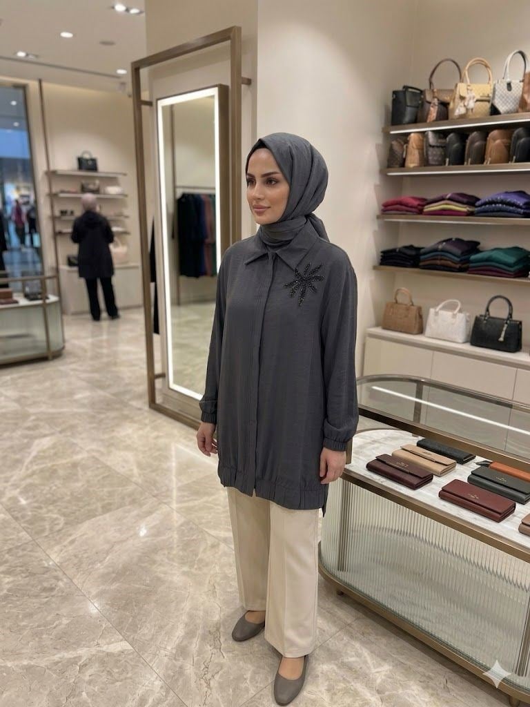 Armine TREND Yakası Palmiye İşlemeli  Fermuarlı Tunik Antrasit 26YT405