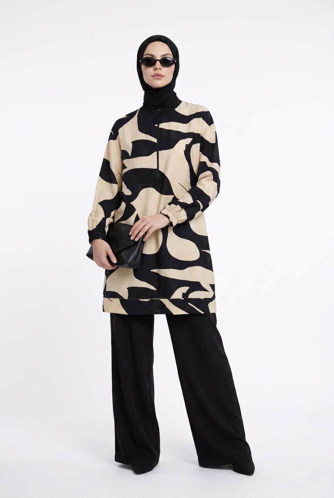 Armine TREND Yarım Fermuarlı Baskı Desenli Tunik Bej 26YT473