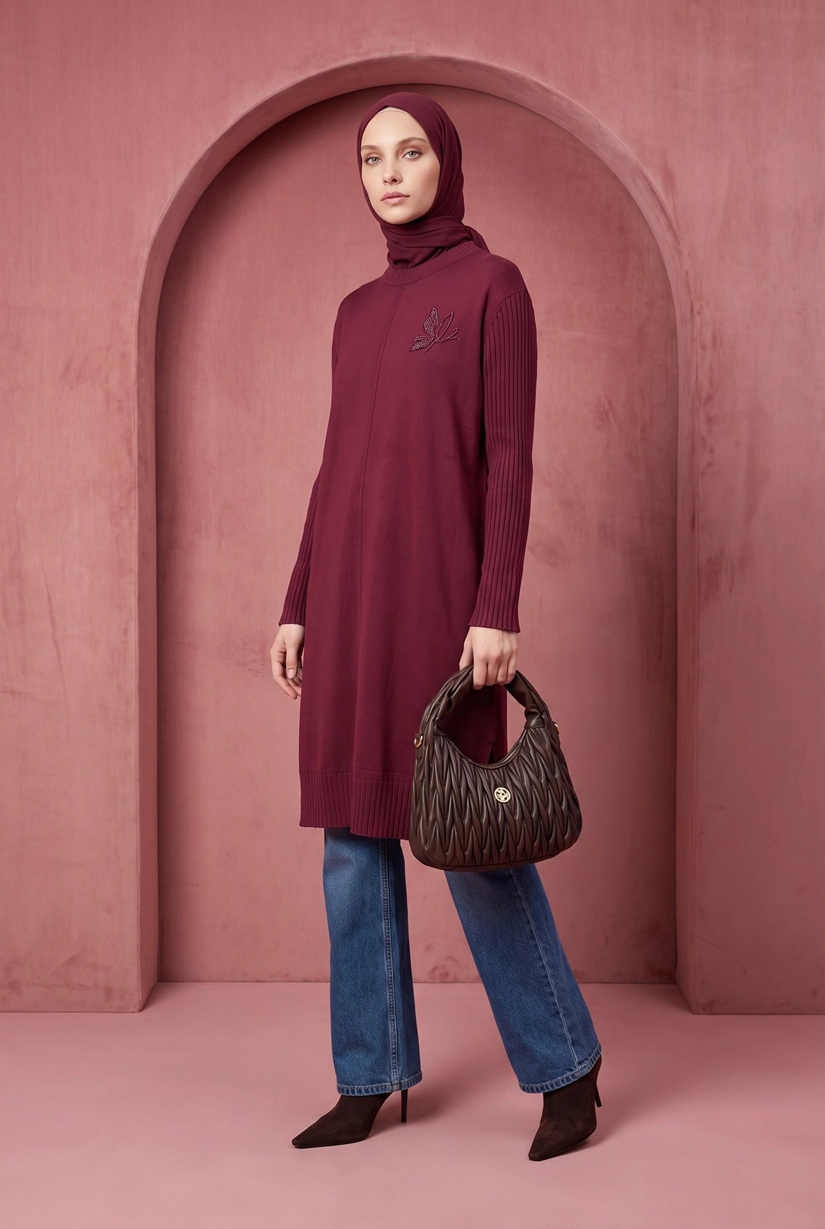 Avenna Broş Detaylı Uzun Triko Tunik Bordo 26kad407