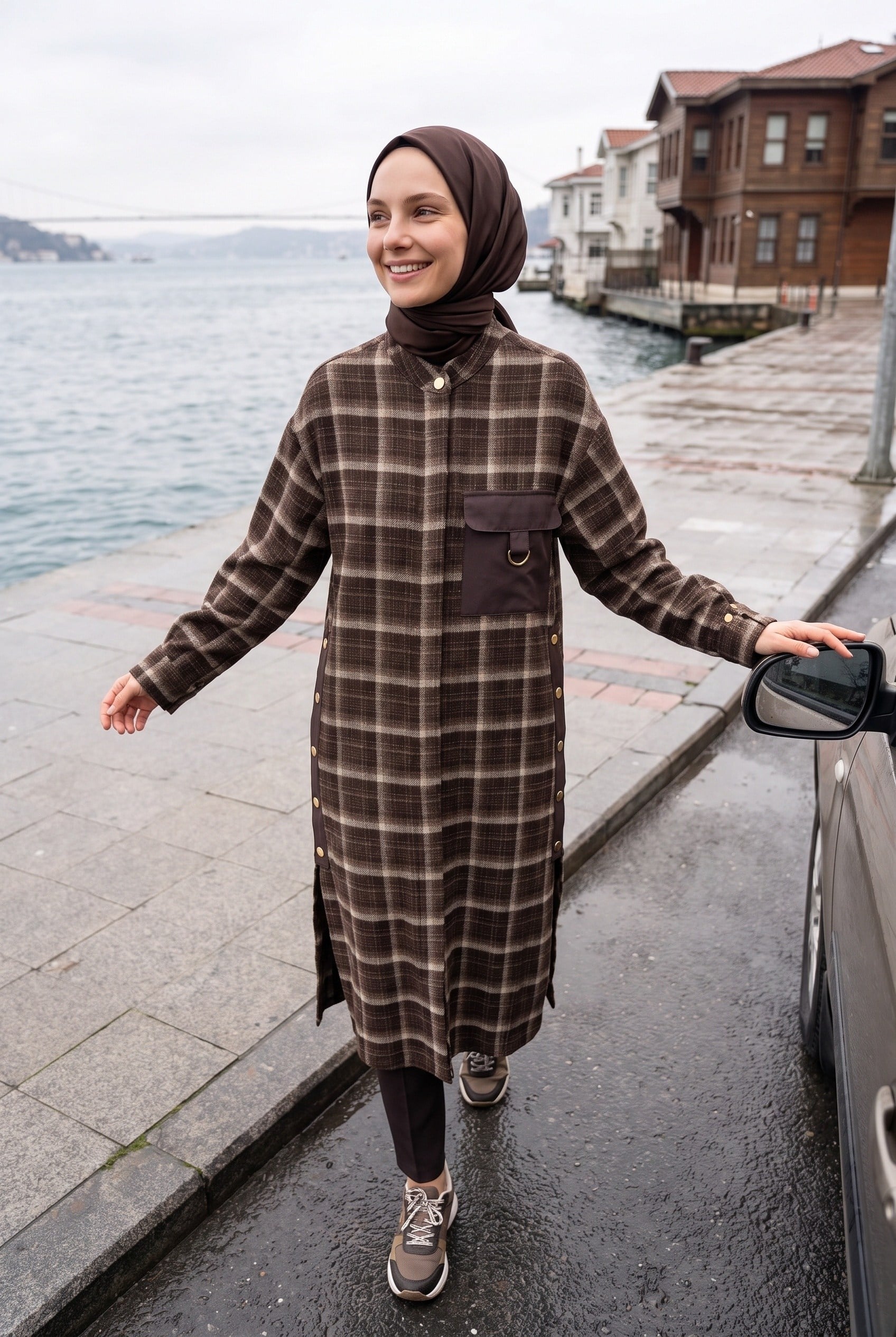 Avenna Hakim Yaka Ekoseli Kahverengi Tunik 26KT421