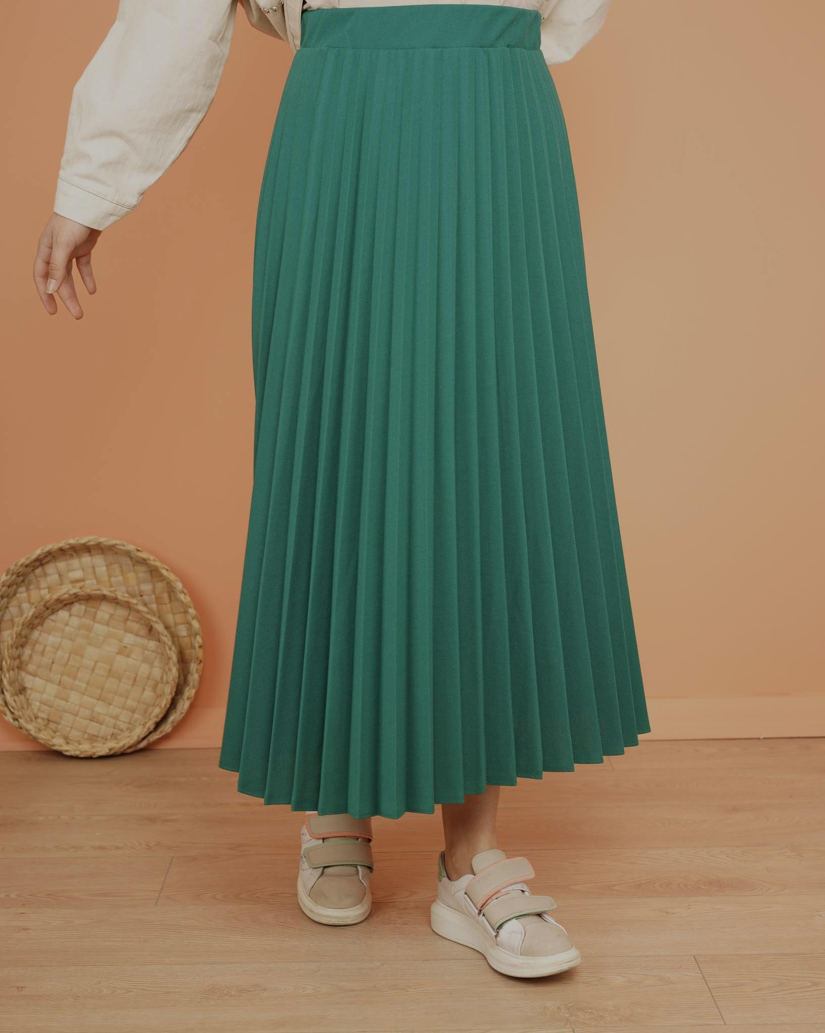 Beli Lastikli Pileli Etek Koyu Yeşil