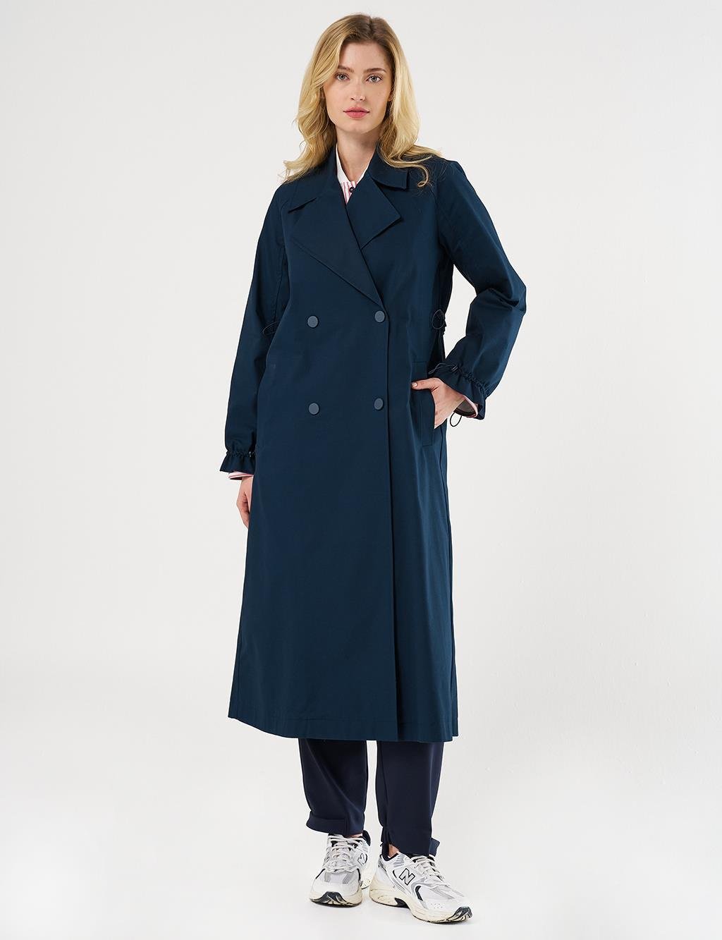 Kayra Bilekleri Lastikli Kruvaze Trençkot Koyu Lacivert KY-B25-74009