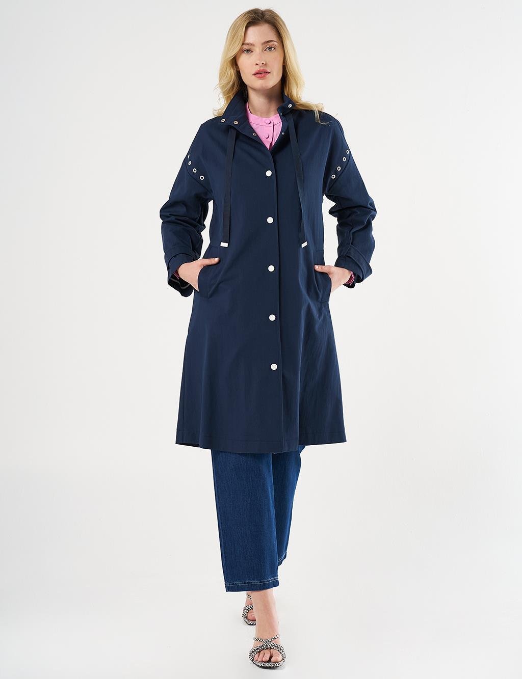 Kayra Grogren Bağlamalı Dik Yaka Trençkot Koyu Lacivert KY-B25-74002