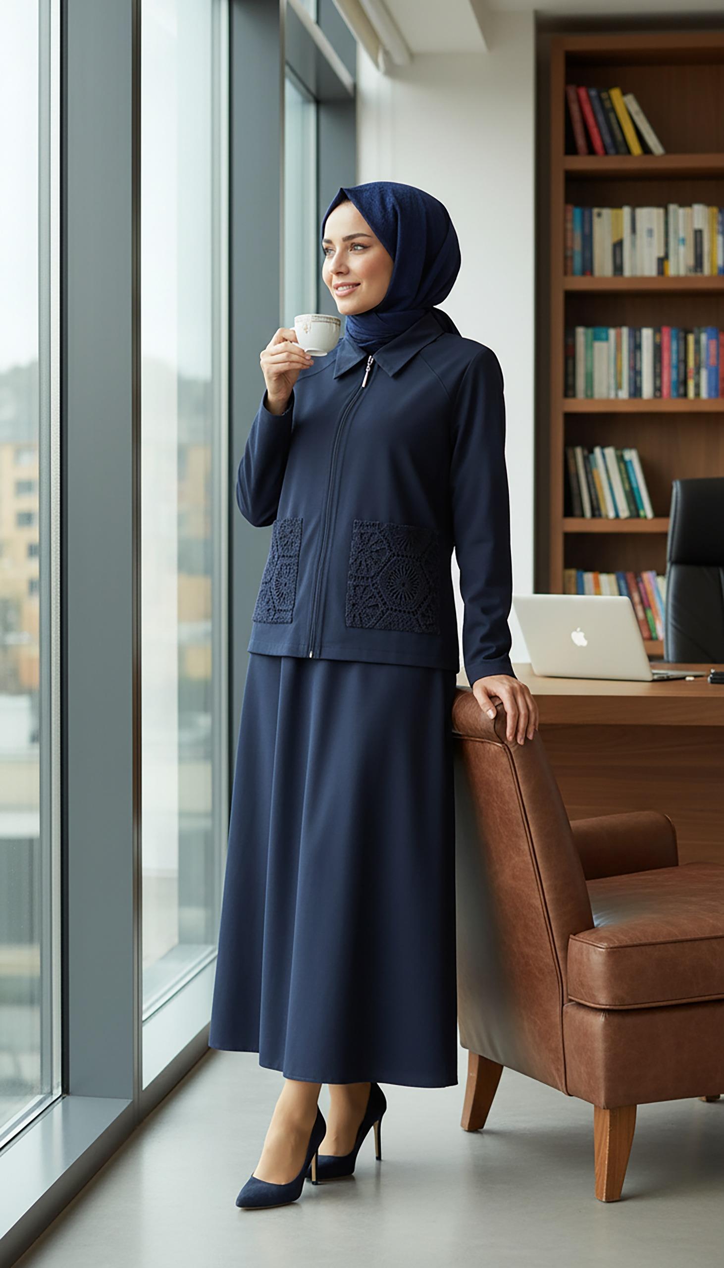 Nihle Cepten Nakış Detaylı Ceket Fermuarlı Etekli Takım Lacivert