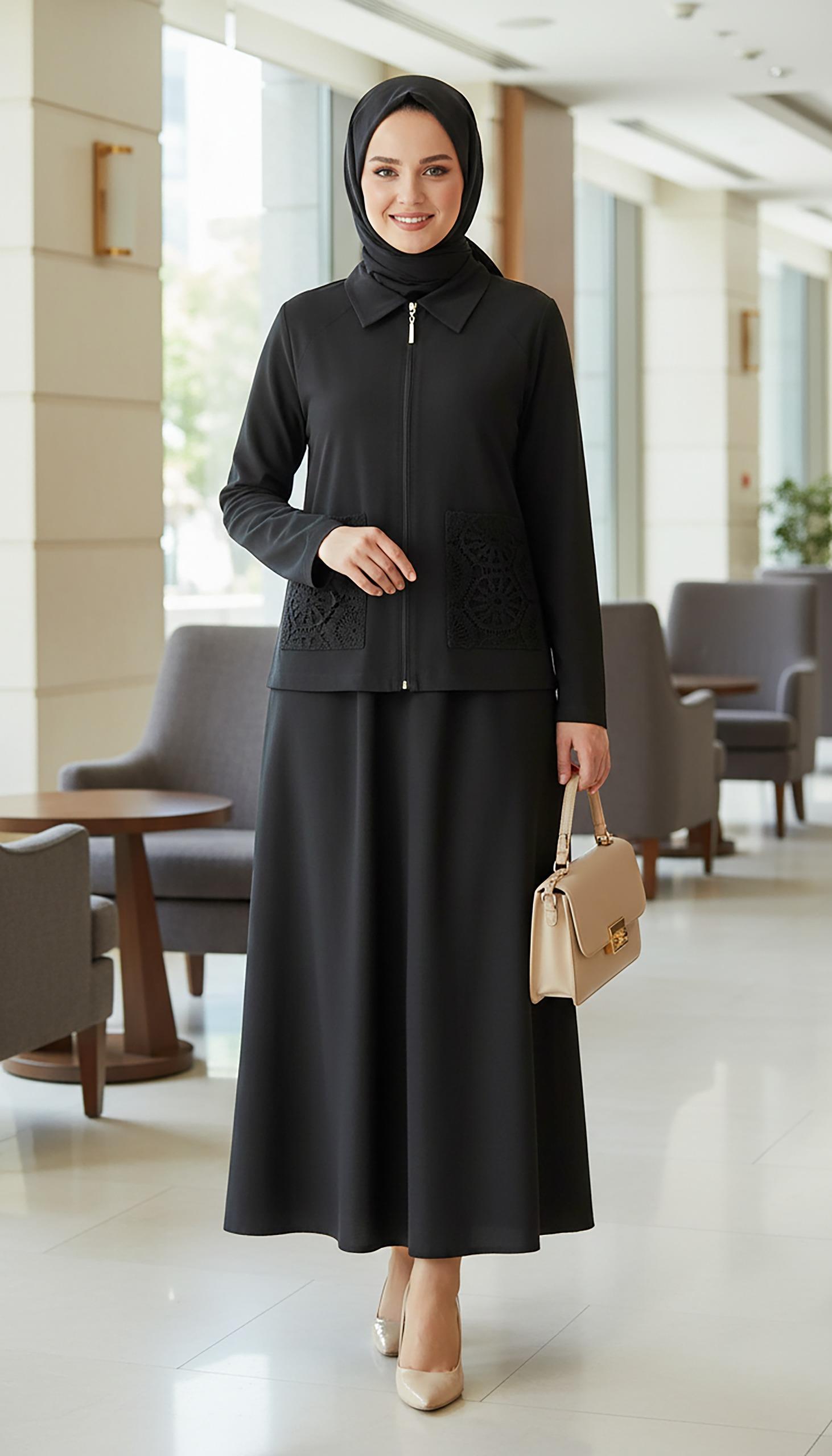 Nihle Cepten Nakış Detaylı Ceket Fermuarlı Etekli Takım Siyah