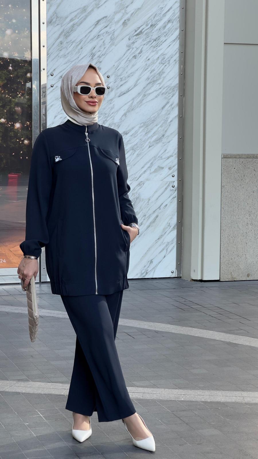 Nihle Fermuarlı Ceket ve Pantolonlu Takım Lacivert