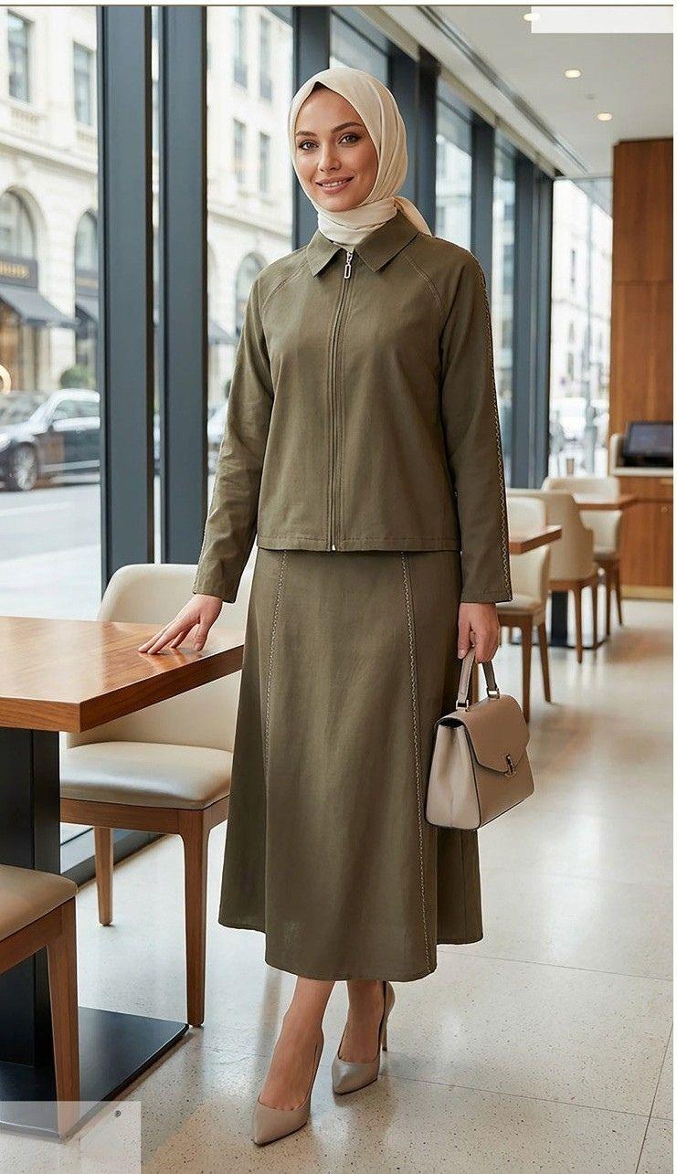 Nihle Koldan Şerit Detaylı Ceket Fermuarlı Etekli Takım Haki