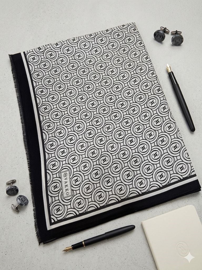 Vakko Twill İpek Şal Monogram Siyah