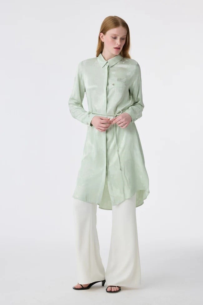 ZÜHRE Desenli Kuşaklı Solena Tunik Mint T-1675