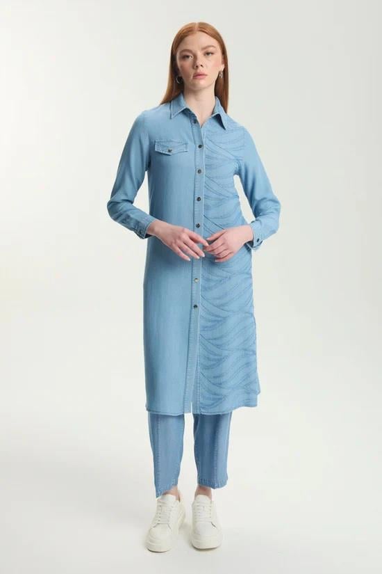 Zühre Desenli Uzun Denim Mavi Tunik T-1556