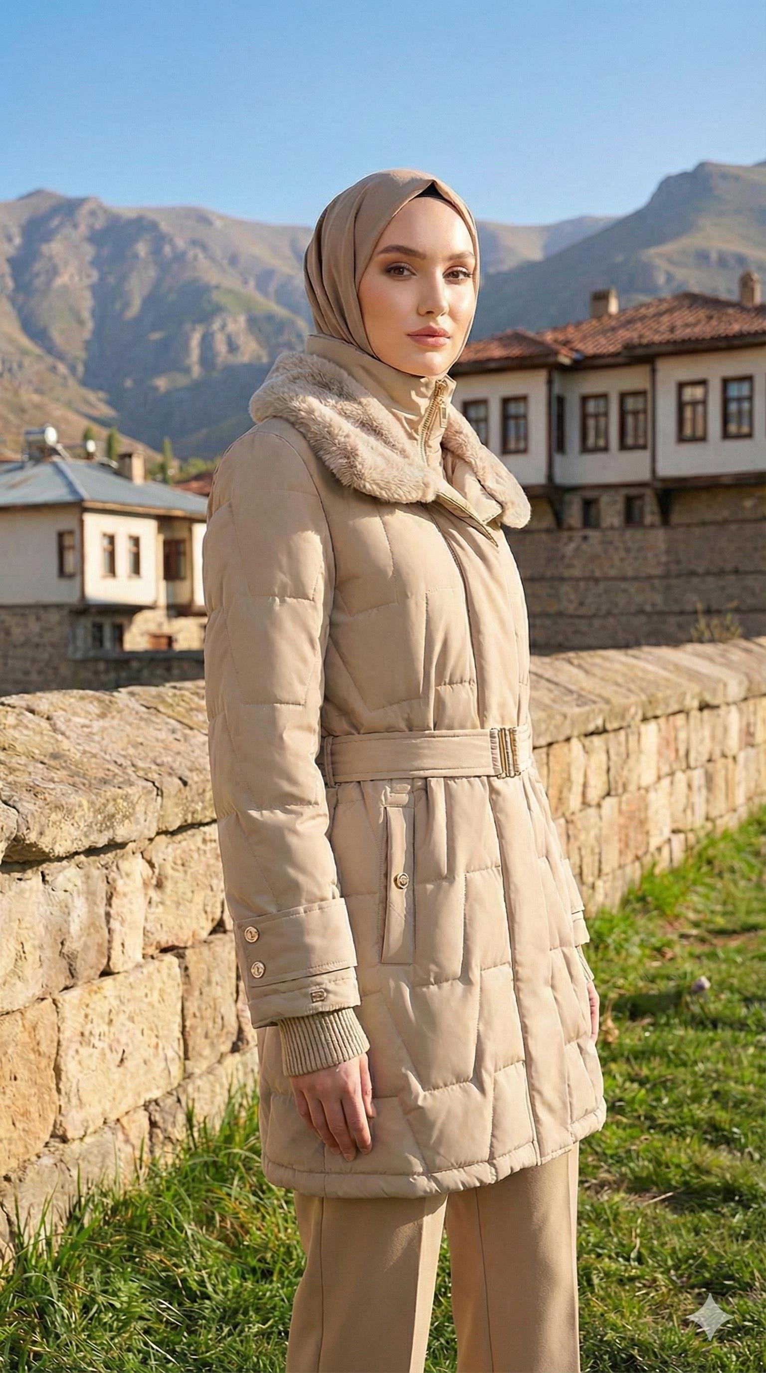 Zühre Yakası Kürk ve Kemer Detaylı Bej Bej Şişme Mont 95cm 12764