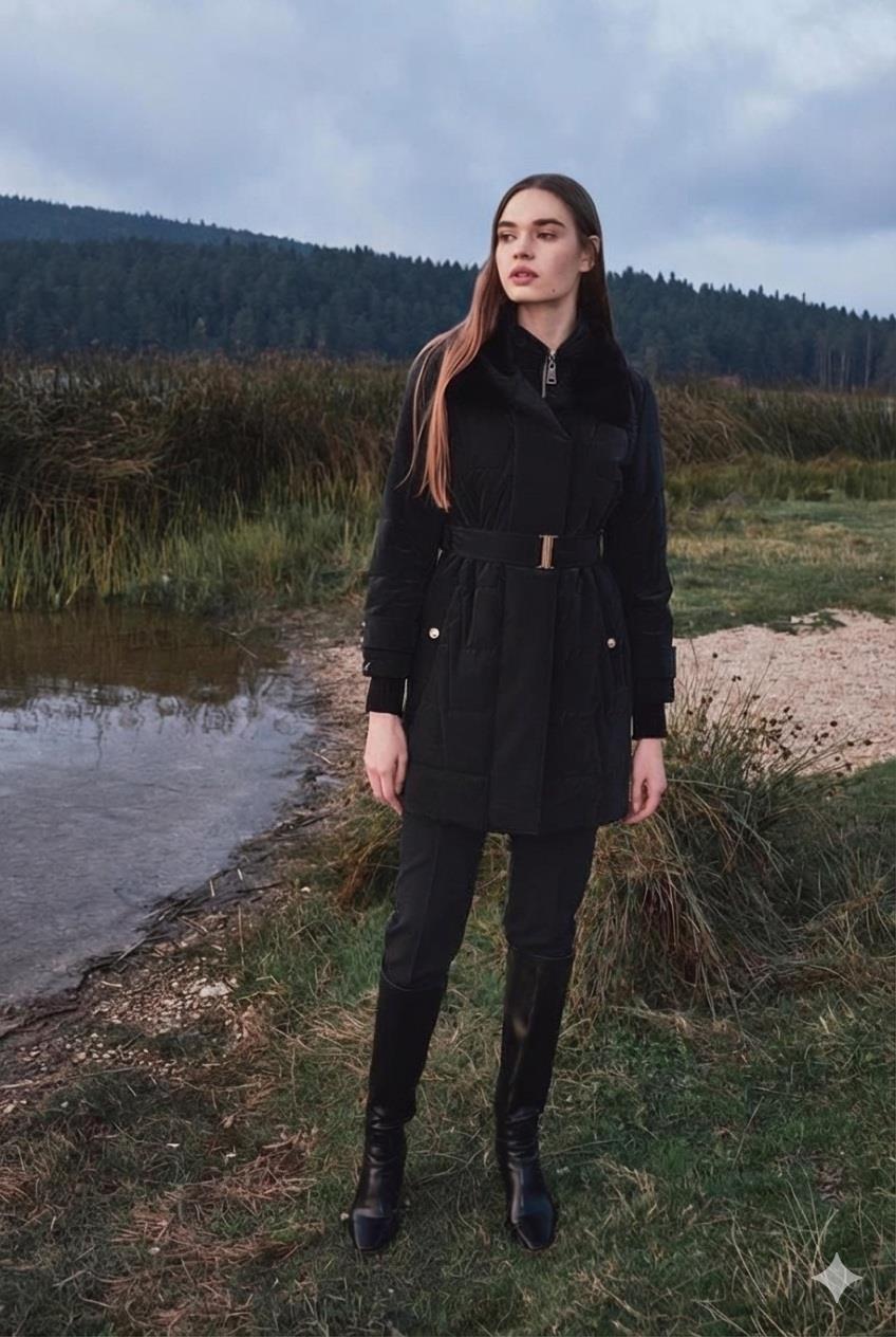 Zühre Yakası Kürk ve Kemer Detaylı Siyah Şişme Mont 95cm 12764