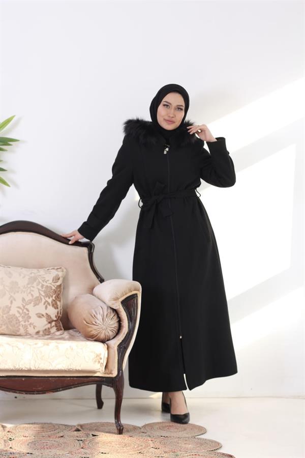 ESNUR Yakası Seyyar Kürklü Bayan Kaşe Siyah