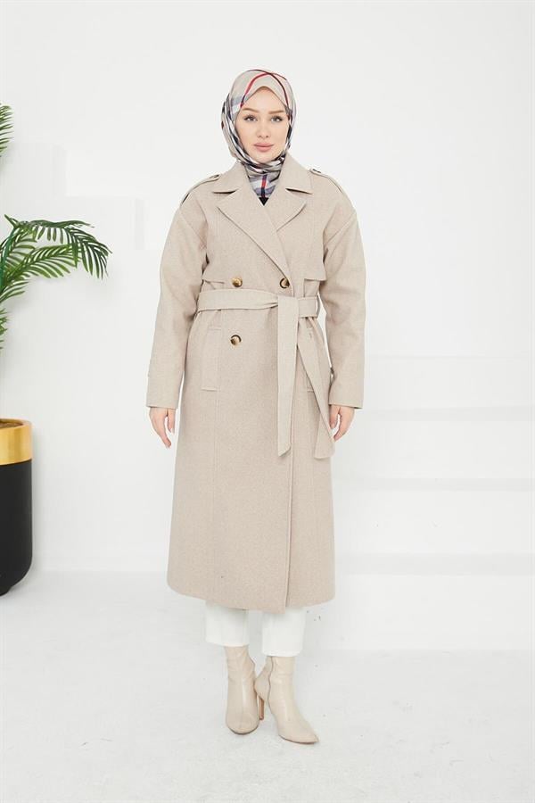 Armine Aller Detaylı Düğmeli Manto Bej 25KT1729