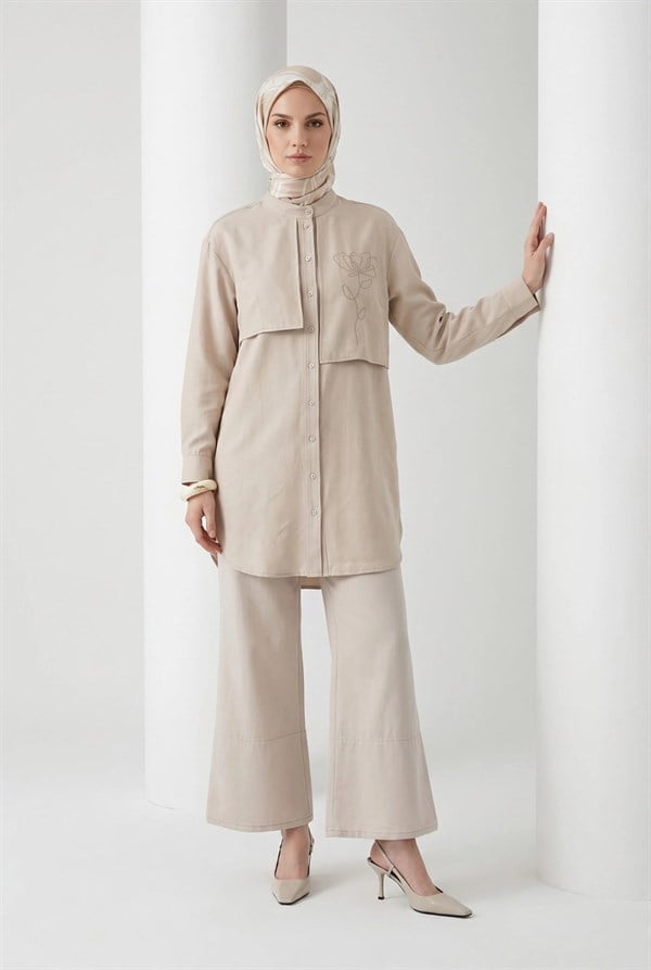 Armine TREND Aller Detaylı Beli İpli Çiçek Desen İşlemeli Tunik Taş 26YT407