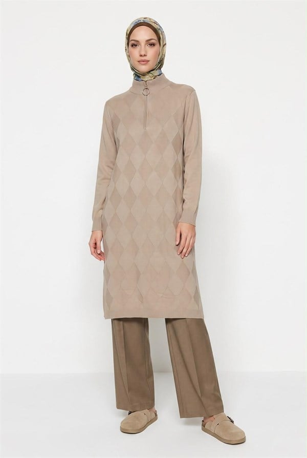 Armine TREND Baklava Desenli Fermuarlı Triko Tunik Koyu Taş 26KTD4112