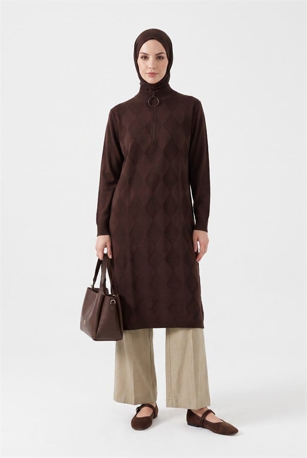 Armine TREND Baklava Desenli Fermuarlı Triko Tunik Kahverengi 26KTD4112
