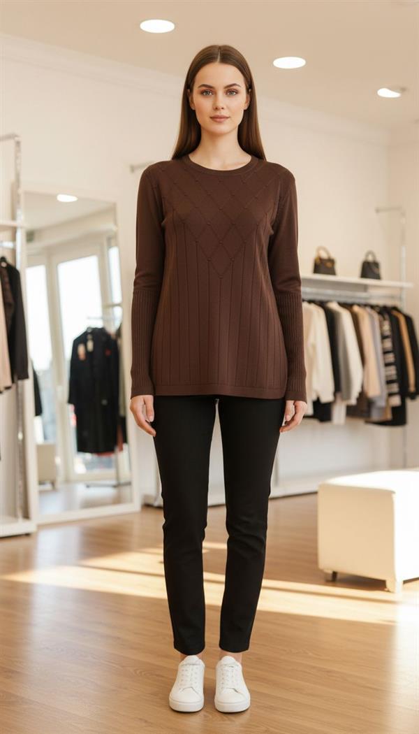 Armine TREND Baklava Desenli Triko Kazak Kahverengi 25YTD127