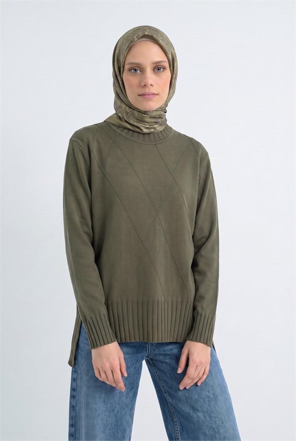 Armine TREND Baklava Desenli Yanı Yırtmaçlı Triko Tunik Haki 26KTD415