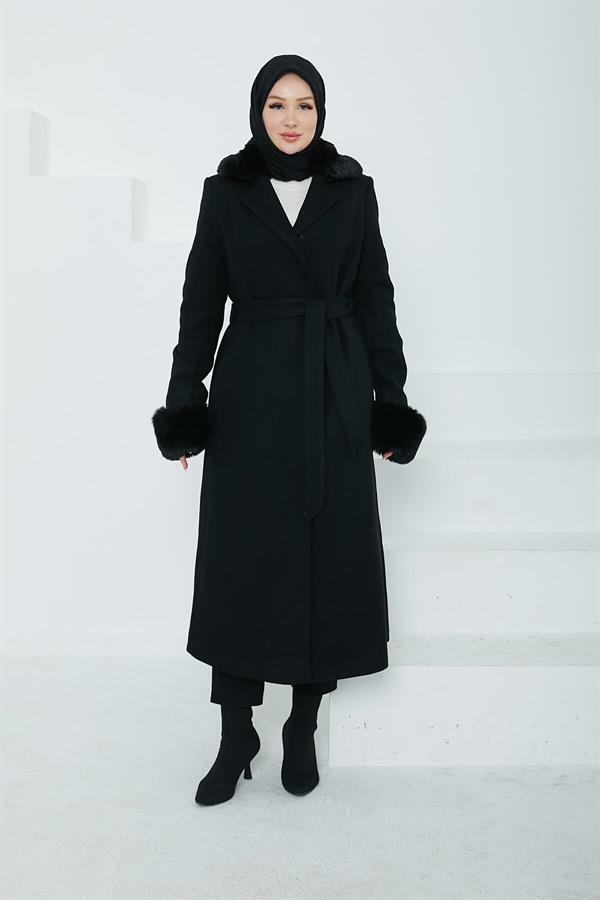 Armine Trend Bel Bağlamalı Kürkler Çıkarılabilir Kaban Siyah 24KT816