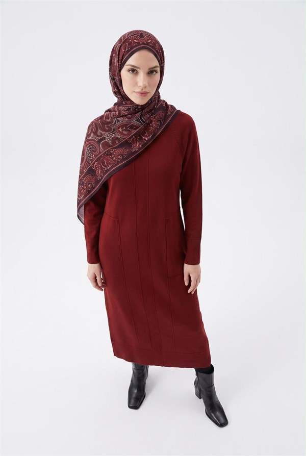 Armine TREND Cepli Dikey Çizgili Uzun Triko Elbise Bordo 26KTD910