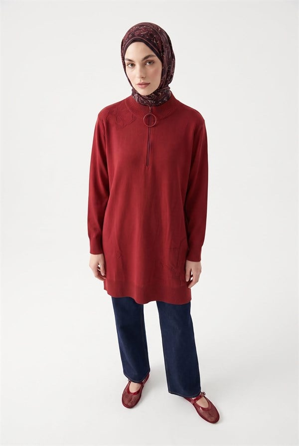 Armine TREND Çiçek Nakışlı Fermuarlı Triko Tunik Bordo 25KTD4111